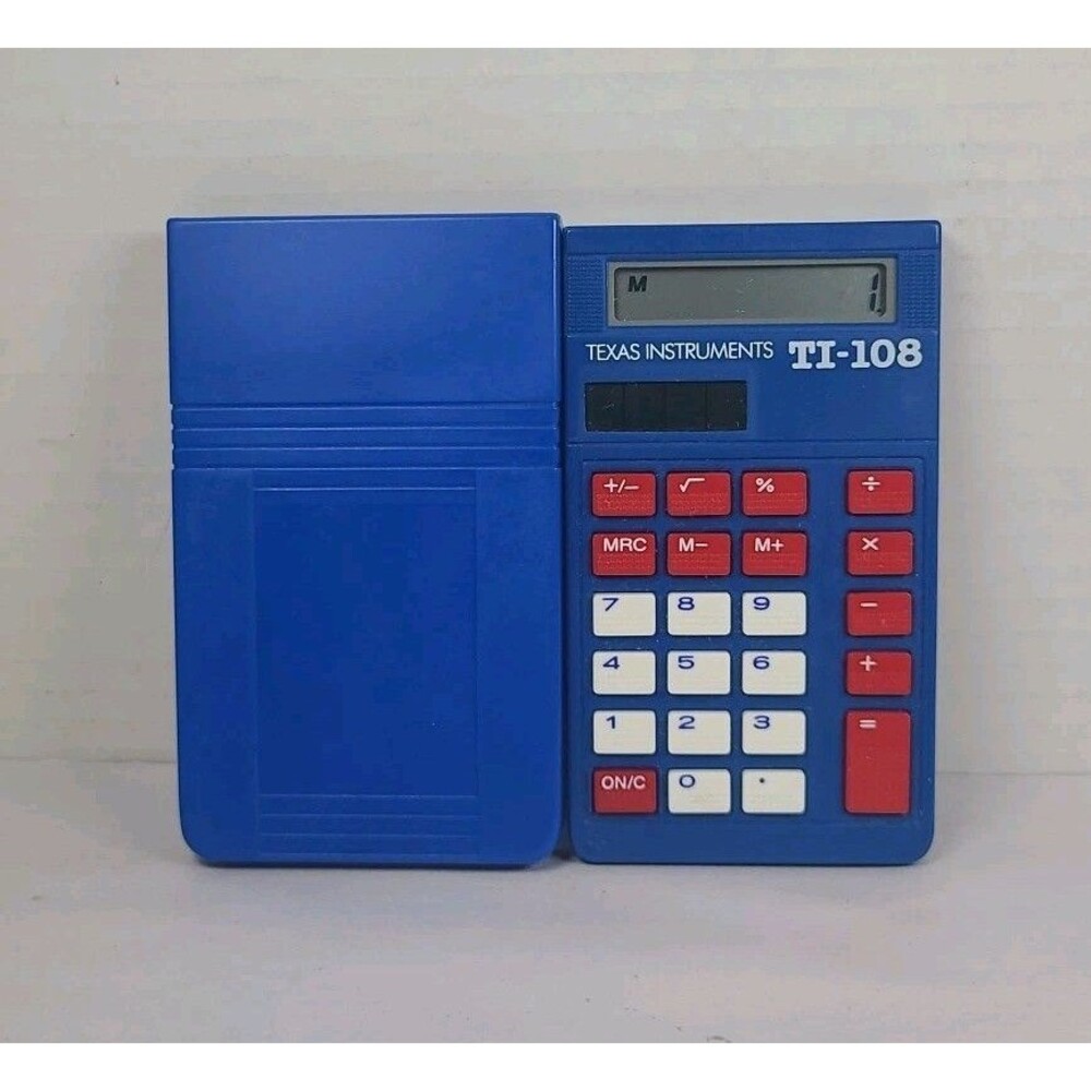 Vintage Texas Instruments TI-108 School Solar Calculator Blue Basic Math w Cover